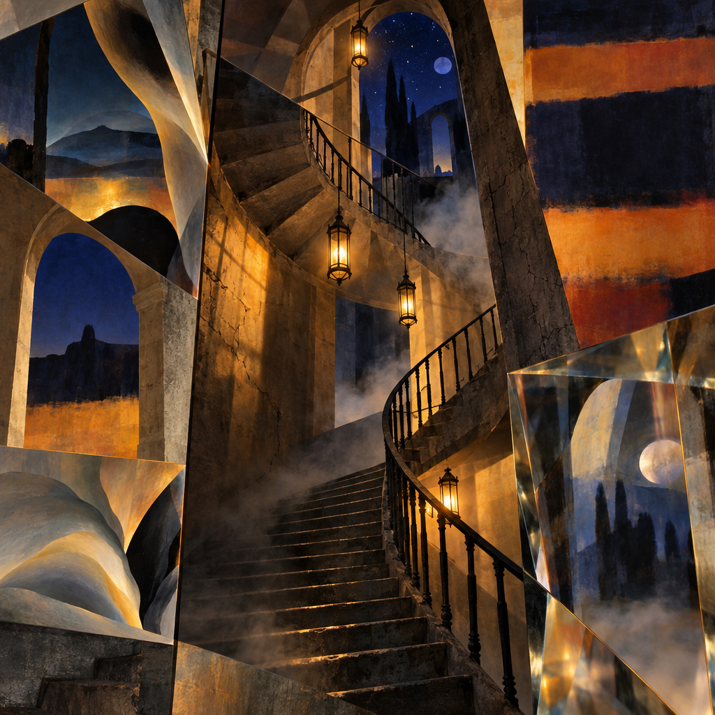 Lantern-lit stairwell — GPT Image 2.5 Sunburst + TEV