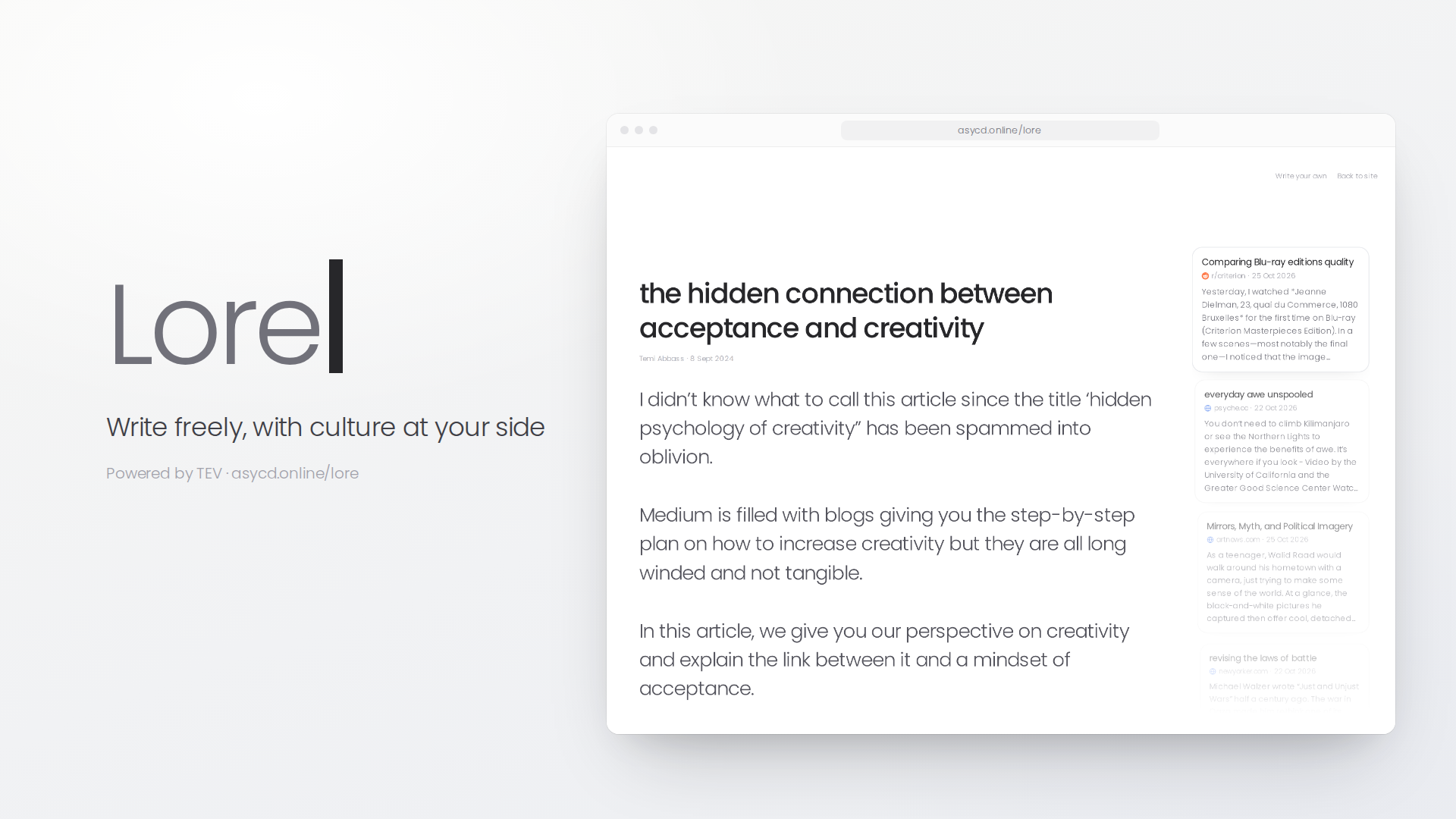 The Lore landing cover: the Lore wordmark with a typing caret beside a browser window showing a Lore thread and its column of story tiles.