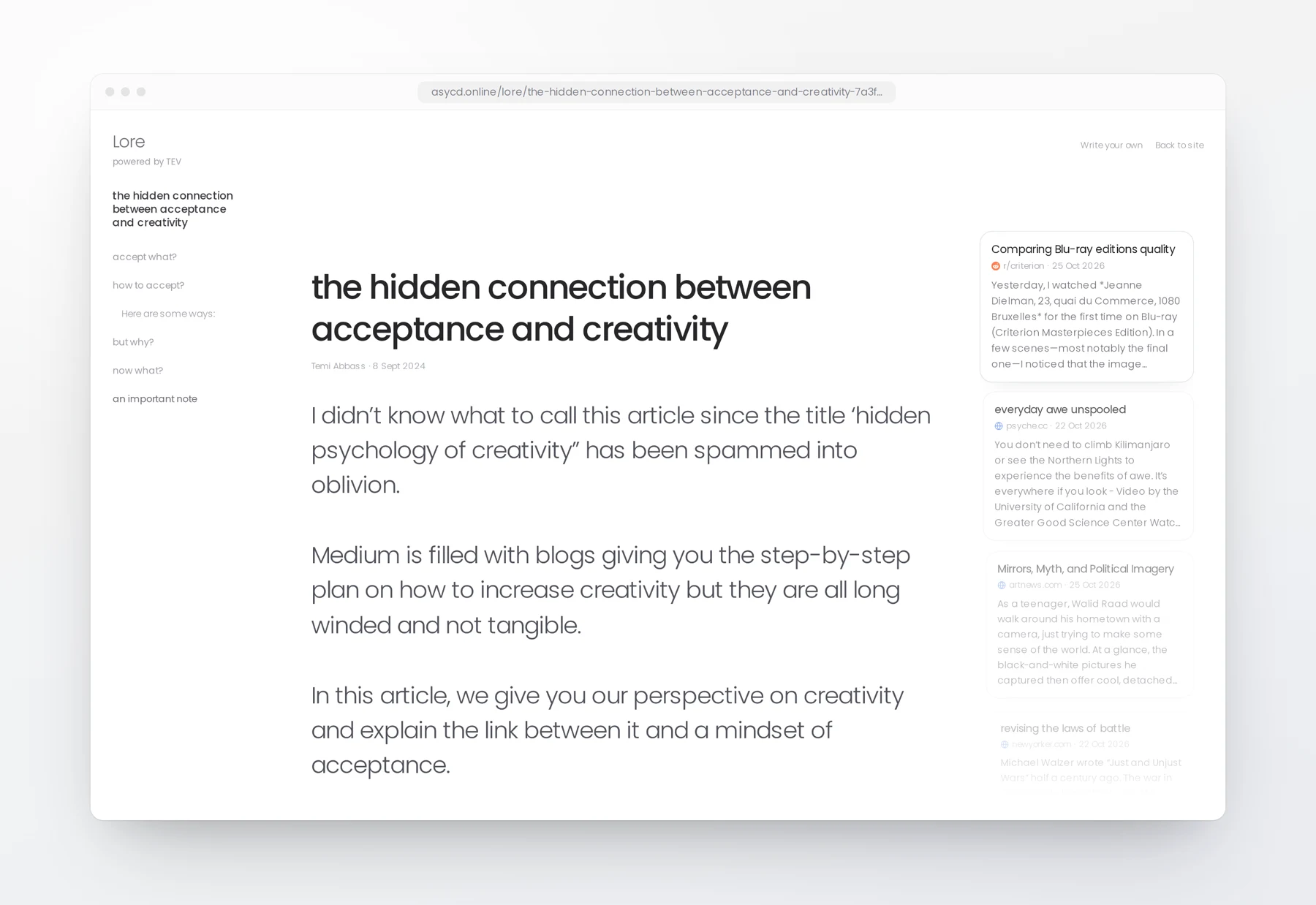 A Lore thread open in a desktop browser. The post “the hidden connection between acceptance and creativity” sits in a wide, calm column on the left, with a column of story tiles on the right including “Comparing Blu-ray editions quality” and “everyday awe unspooled”.