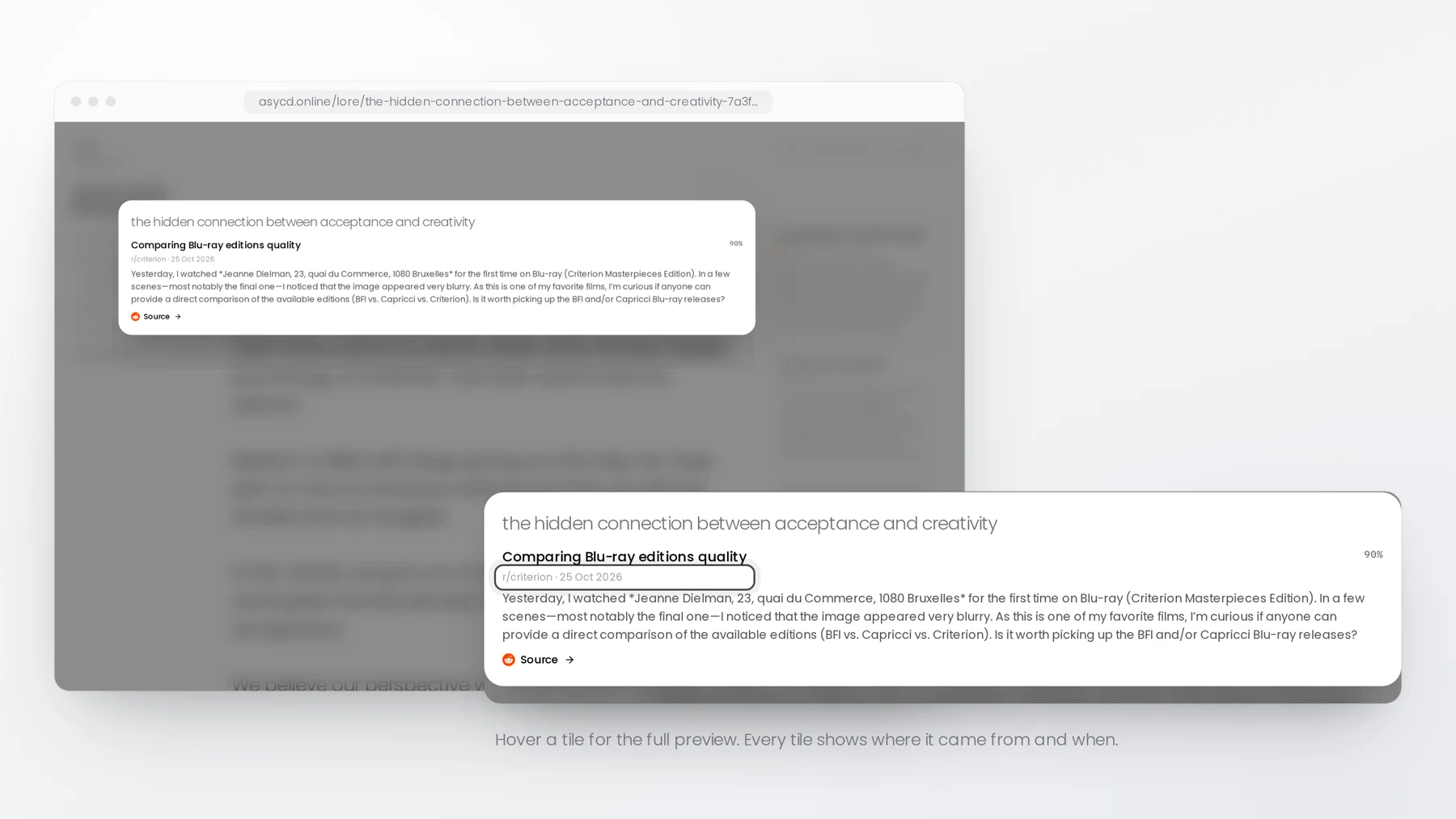 A hover preview over a dimmed page. A zoomed card shows the tile “Comparing Blu-ray editions quality”, with a ring around its source and date, “r/criterion · 25 Oct 2026”, followed by the snippet and a Source link.