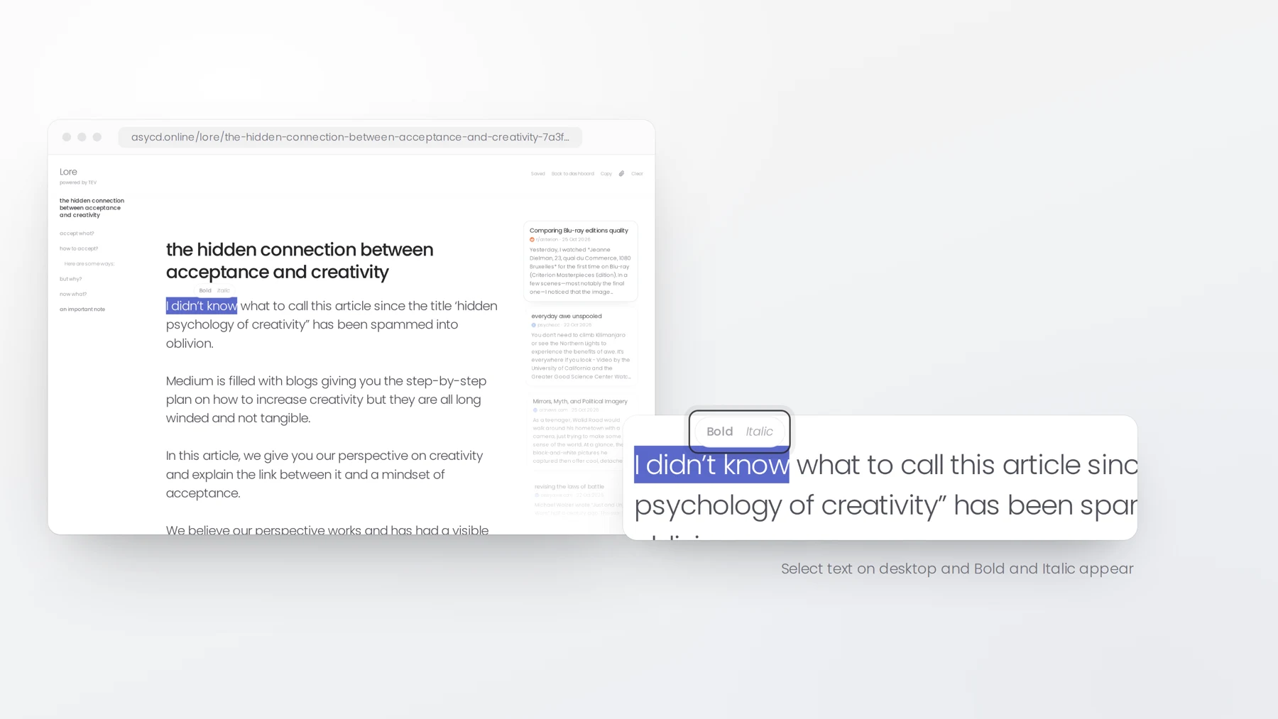 A desktop Lore thread with the words “I didn’t know” selected. A zoomed card shows the small Bold and Italic menu that appears above the selection, marked with a ring.